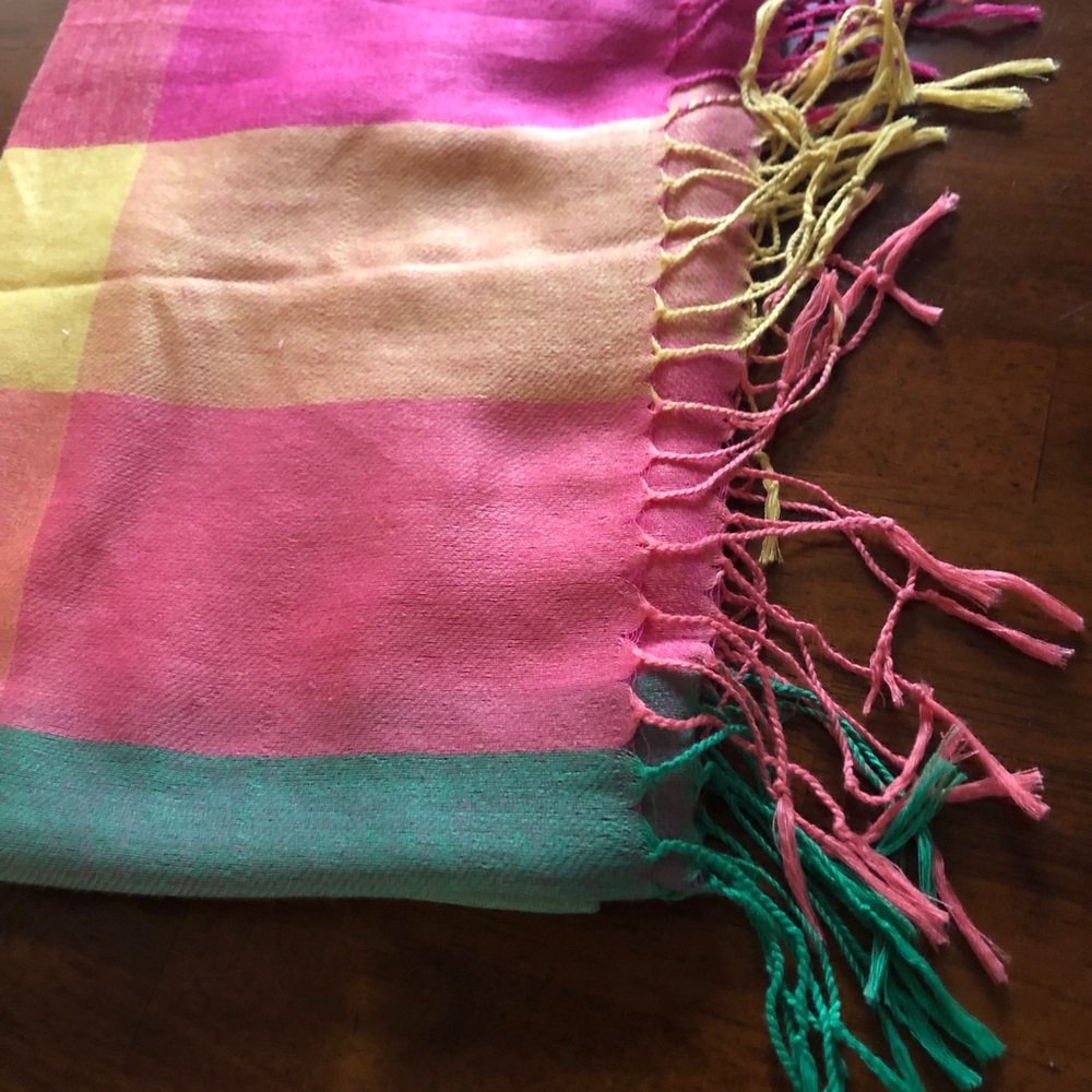 Color block pink/yellow/green fringed scarf
